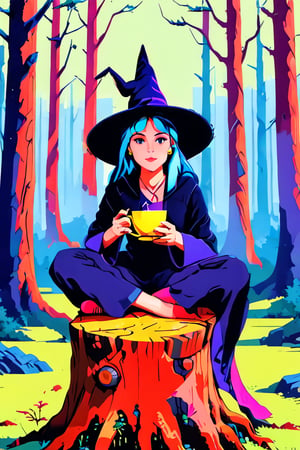 Pop Art medium shot : Illustration,  Pop Art a witch portrait shot,beautiful youn witch sits on a  old tree stump  in a  old growth forest holding cup of hot tea, she is enjoying her surronding in peace being mindful , masterpiece,7 colors, simple image,  pixel art
 7 colors, simple image, 
Pop Art , simple image, 