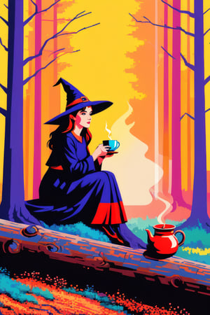 Pop Art medium shot : Illustration,  Pop Art a witch portrait shot,beautiful youn witch sits on a log ina forest holding cup of hot tea, she is enjoying her surronding in peace being mindful , masterpiece,7 colors, simple image,  pixel art
 7 colors, simple image, 
Pop Art , simple image, 