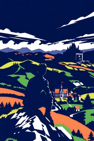 Pop Art   a man stand sitting in a top of a mountain, looking for a distant dark black color and obscure castle in the field, a small villlage with a central square stand in front of the castle, , panoramic view,, masterpiece,7 colors, simple image, 