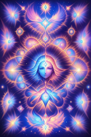  visionary art ,pen art, (symmetrical), spirit guide among a matrix of energy and light,bl4ckl1ghtxl,,transparent caustics light ,epic composition,universal energy, uv pastel colours, sacred geometry, divine being in the comsic astral matrix of another reality,