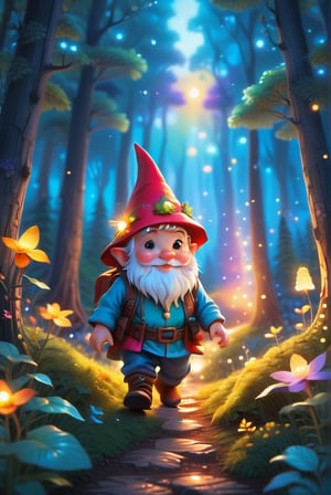 a little gnome walking  through a forest , three  quarters  view, large forest small gnome, dusk time, fire flies , sunset seen through the trees, whimsical  environment. 