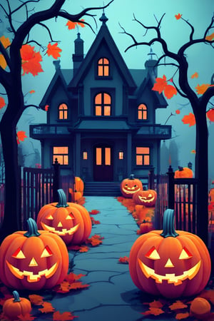 Flat art , 4 colors. Heavy line weight. Illustration scene  of a Halloween village  environment. Simplistic.  Minimalistic.  Cute image. Sfw, pumpkins. Spider webs. Halloween  color palette. Vibrant color. 