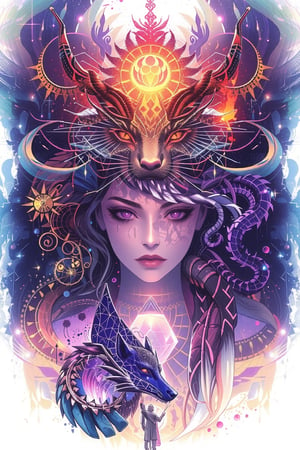 visionary art ,pen ink art medium ,Dark Dramatic Ancient Elegant Egyptian Goddess and a wolf spirit, by Anna Dittmann and android jones, Vibrant, done with Watercolour and pen ink, visionary art, symmetrical ,visionary art,Flat art , 6 colors. Heavy line weight. Illustration scene Dark Dramatic Ancient Elegant Egyptian Rain Goddes and her wolf and dragon water spirits, Simplistic. Minimalistic. Vibrant color. no shading . No highlights . Flat art