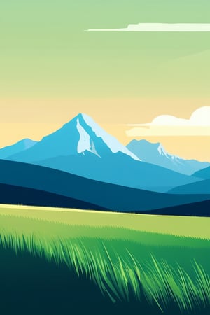 Flat art , 6 colors. Heavy line weight. Illustration scene  of a grassland with mountains in the distance environment. Simplistic.  Minimalistic.  Vibrant color.  no shading . No highlights . Flat art