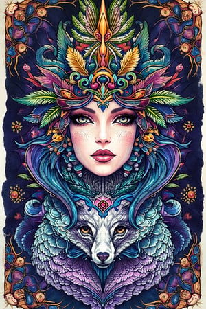 visionary art ,pen ink art medium ,Dark Dramatic Ancient Elegant Egyptian Goddess and a wolf spirit, by Anna Dittmann and android jones, Vibrant, done with Watercolour and pen ink, visionary art, symmetrical ,visionary art,Flat art , 6 colors. Heavy line weight. Illustration scene Dark Dramatic Ancient Elegant Egyptian Rain Goddes and her wolf and dragon water spirits, Simplistic. Minimalistic. Vibrant color. no shading . No highlights . Flat art