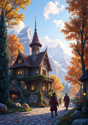  Beautiful Elven storybook cottage in a Fantasy Elven Village in autumn , mountains and waterfalls in the distance,Cobblestone road,atmospheric sun rays, gnomes elf villagers walking around,Trees, Hyperdetailed, colourful, digital Concept art, done on procreate,lightroom, Renaissance architecture, Lovely, Picturesque, Art by Eddie Mendoza, Studio Ghibli, Geometric Jean-baptiste Monge, Ivan Shishkin, Jordan Grimmer, An Jung-Hwan, yoann lossel, marc simonetti, HD, 8k