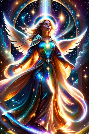 a female  angel shrouded in cloak of light and stars descends down to earth ,portals of light ,light being,stars,enchanted,fantasy,visionary art,dynamic beautiful environment , 