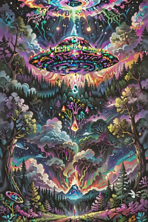 
 psychedelic visionary art. Spirit realm, metaphysical realm, esoteric,style, ufo,medium shot,  a ufo hovers above a forest with the night sky behind it, , psychedelic , (masterpiece, best quality, ultra-detailed), High detailed, detailed background,, score_9, score_8_up, score_7_up, best quality, masterpiece, 4k,ULTIMATE LOGO MAKER [XL],DonMB4nsh33XL neon highlights,,visionary art