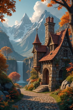  Beautiful Elven storybook cottage in a Fantasy Elven Village in autumn , mountains and waterfalls in the distance,Cobblestone road,atmospheric sun rays, gnomes elf villagers walking around,Trees, Hyperdetailed, colourful, digital Concept art, done on procreate,lightroom, Renaissance architecture, Lovely, Picturesque, Art by Eddie Mendoza, Studio Ghibli, Geometric Jean-baptiste Monge, Ivan Shishkin, Jordan Grimmer, An Jung-Hwan, yoann lossel, marc simonetti, HD, 8k