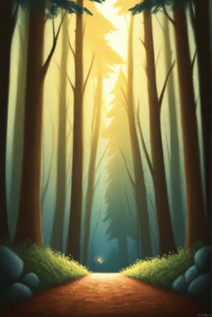 a little gnome walking  through a forest of the beaten path in a dense lush magical forest, three  quarters  view, large forest compared to the small gnome, dusk time, fire flies , sunset seen through the trees, whimsical  environment. the gnome is on the right side of the frame facing  left   towards  the center of the image and is walking towards the center of the  frame .