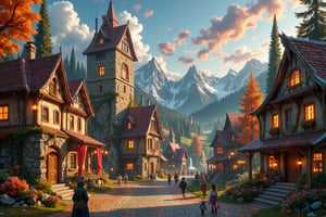  Beautiful Elven university and storybook cottages and shops  in a Fantasy Elven Village in autumn , mountains and waterfalls in the distance,Cobblestone road,atmospheric sun rays, gnomes elf villagers walking around,Trees, Hyperdetailed, colourful, digital Concept art, done on procreate,lightroom, Renaissance architecture, Lovely, Picturesque, Art by Eddie Mendoza, Studio Ghibli, Geometric Jean-baptiste Monge, Ivan Shishkin, Jordan Grimmer, An Jung-Hwan, yoann lossel, marc simonetti, HD, 8k,