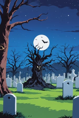 Pop Art medium shot of a halloween themed image, spooky tree with a creepy face:0.5 in a graveyard:0.4 a skeleon breaking out of fhe ground seen in the foreground:0.7,  from an anime-style illustration,tree  with a spooky face , a skeleon hand coming out of the ground in the foreground, rendered in realistic sketch style. The scene is within out of focus graveyard and night sky background that fades out of focus , adding depth and mystery.5 colors, simple image, 