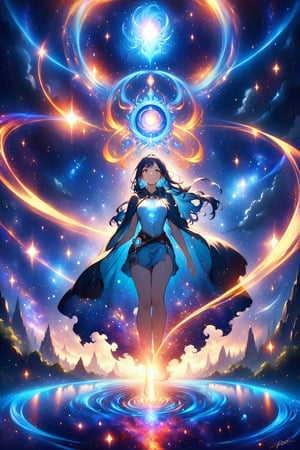 (a female space shaman shrouded in cloak of light and stars),galaxy,space,portals,light being,stars,enchanted,fantasy,visionary art