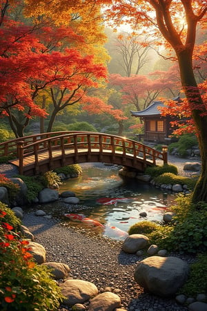 A serene Japanese Zen garden in autumn, with a traditional wooden bridge arching over a koi pond, surrounded by meticulously raked gravel and vibrant red, orange, and yellow maple trees. The garden is framed by a low stone lantern and a moss-covered stone path leading to a small, peaceful teahouse. The scene is bathed in soft, golden late afternoon light, casting long shadows and highlighting the autumn foliage. The composition is balanced, with the bridge and pond in the foreground, and the teahouse and trees in the background, creating a sense of tranquility and harmony.,environment overlayed with ripples of fractal energy (masterpiece, best quality, ultra-detailed),visionary art ,fractals,light energy,psychedelic,trippy, LSD visuals  