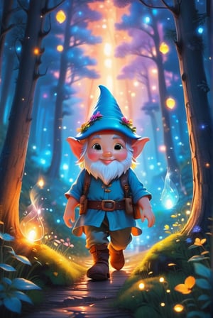 a little gnome walking  through a forest , three  quarters  view, large forest small gnome, dusk time, fire flies , sunset seen through the trees, whimsical  environment. 