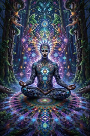 this person sits in a forest and transcends their ego mind  opens up to the spirit realm surrounding them. human in meditation, fractals, vivid color, "Visionary art is art that purports to transcend the physical world and portray a wider vision of awareness including spiritual or mystical themes, or is based in such experiences." , psychedelic visionary art ,animal spirits, ,spirits,spirit guides, . Shamanic visions , ayahuasca visions . Spirit realm, metaphysical realm, esoteric,style, full body human,medium shot, perfect anatomy , psychedelic landscape surrounding the person ,environment over layed with ripples of fractal energy (masterpiece, best quality, ultra-detailed), (perfect hands, perfect anatomy), High detailed, detailed background, anatomically correct, beautiful face, detailed hands, perfect eyes, expressive eyes, score_9, score_8_up, score_7_up, best quality, masterpiece, 4k,visionary art,ULTIMATE LOGO MAKER [XL],bl4ckl1ghtxl, by Jonathan Solter and Fabian Jimenez,ElohProjects, simon haiduk