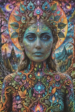 a forest of transcendence that opens up to the spirit realm surrounding breaking down physical reality into the spirit realm . human in meditation, fractals, vivid color, 
"Visionary art is art that purports to transcend the physical world and portray a wider vision of awareness including spiritual or mystical themes, or is based in such experiences." , psychedelic visionary art ,animal spirits, ,spirits,spirit guides, , . Shamanic visions , ayahuasca visions . Spirit realm, metaphysical realm, esoteric,style, full body human,medium shot, perfect anatomy , psychedelic landscape surrounding the person , (masterpiece, best quality, ultra-detailed), (perfect hands, perfect anatomy), High detailed, detailed background, anatomically correct, beautiful face, detailed hands, perfect eyes, expressive eyes, score_9, score_8_up, score_7_up, best quality, masterpiece, 4k,visionary art,ULTIMATE LOGO MAKER [XL],bl4ckl1ghtxl,dd4ught3r,halloween