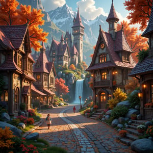  Beautiful Elven university and storybook cottages and shops  in a Fantasy Elven Village in autumn , mountains and waterfalls in the distance,Cobblestone road,atmospheric sun rays, gnomes elf villagers walking around,Trees, Hyperdetailed, colourful, digital Concept art, done on procreate,lightroom, Renaissance architecture, Lovely, Picturesque, Art by Eddie Mendoza, Studio Ghibli, Geometric Jean-baptiste Monge, Ivan Shishkin, Jordan Grimmer, An Jung-Hwan, yoann lossel, marc simonetti, HD, 8k,