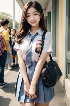 masterpiece, best quality, 4k, 8k, highres, ultra-detailed, realistic, A charming and endearing scene featuring a cute Asian girl joyfully wearing a colorful school bag and indonesian high school uniform, standing in a bustling school hallway filled with lockers and students. The girl's bright smile and lively expression radiate youthful energy and optimism, capturing the essence of a carefree school day. Vibrant colors, dynamic setting, cheerful atmosphere, busy school environment, genuine emotions.