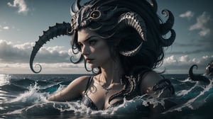 Title: Enigmatic Female Sea Creature.
Create a highly detailed and intricate anthropomorphic female with subtle sea creature elements.
Character Description:
-	She should embody a captivating subtle fusion of a mythological kraken and a human female. Her body should possess traits reminiscent of both creatures, such as tentacle-like appendages, aquatic features, and a human-like form.
Setting:
-	Place the character on top of a jagged, weathered rocky formation that juts out of the ocean's surface.
Background:
-	Surround her with an expansive, serene ocean that stretches endlessly to the horizon.
-	Depict the ocean's surface with subtle ripples and waves to convey its vastness.
Facial Expression:
-	Craft her facial expression to be menacing and foreboding.
-	Her eyes should exude a sense of darkness and mystery, while her eyebrows may be slightly furrowed to intensify the menacing vibe.
-	Add a subtle, wicked smirk to her lips, hinting at a hidden agenda or malevolence.
Arms:
-	Her arms should be slightly extended away from her body, emphasizing her dominance and control over her surroundings.
-	Each arm should have a combination of human-like and tentacle-like features, blending the mythological kraken and human elements seamlessly.
Weapons:
-	Equip her with a sword in each hand, and make the swords appear menacing and formidable.
-	The swords should have intricate designs that match her character's overall aesthetic, combining elements of the deep sea and mythical lore.
