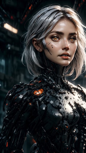 Title: " The Convergence of AI and Human"
Character Description:

•	Create a highly detailed, full-body_portrait, sole_female, wearing a skintight biomech exo suit, made from a fusion of dark metallic metals, carbon fibres and bio fluid materials.
•	The scene is set within a large cybernetics’ laboratory.
•	Her face has a menacing and ominous expression, adorned with a subtle smirk, and furrowed eyebrows to accentuate the ominous allure.
•	Her eyes resemble the colour of (orange_eyes),
•	Her features are a seamless fusion of human and machine, embodying a hybrid identity.
•	Depict her long, snowy tresses, referred to as (white_hair), gently being tousled by the breeze.
•	Position her arms slightly away from her torso, emphasizing a commanding presence and control over her surroundings.

High detailed, symbiote, sci-fi, industrial, mecha, urban techwear, softshading, realistic_eyes, chromatic_aberration, highres, hd, rtx,