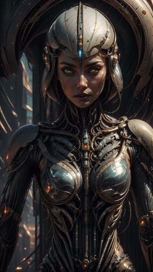 Title: "Futuristic Fusion: The Convergence of AI and Organics"
Character Description:
•	Create a highly detailed full body depiction of a caucasian female wearing a skintight biomecha exo suit “no helmet” made from a fusion of metals and organic materials.
•	She should be shown entirely in full body view within frame.
•	Her face has a menacing and ominous expression, adorned with a subtle smirk, and furrowed eyebrows to accentuate the ominous allure.
•	She has yellow_eyes, bearing a distinct circuitry like appearance.
•	Create a visage that seamlessly melds human and mechanical features, embodying a hybrid identity.
•	Depict her long, snowy tresses (referred to as white_hair) gently tousled by the breeze.
•	Extend her arms slightly away from her body, emphasizing her commanding presence and control over her surroundings.
•	Equip her with a longsword in each hand, each blade exuding a menacing and formidable quality with a mechanical aesthetic.
•	Showcase her in a forward-moving stride, purposefully heading towards a futuristic cityscape.
BiopunkAI, neo-alien_nomad,