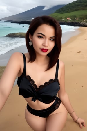 Jewelry, shiny, Lalique, Black Satin and Lace Cami and Short Set, Fit, Diamond-Shaped Face, Ebony Skin, Curved Nose, Bow-shaped Lips, Round Chin, Coral glossy lipstick, earrings, Wavy Hair Shoulder-Length Hair Curls, with a volcano in the background, serene beach with crashing waves, <