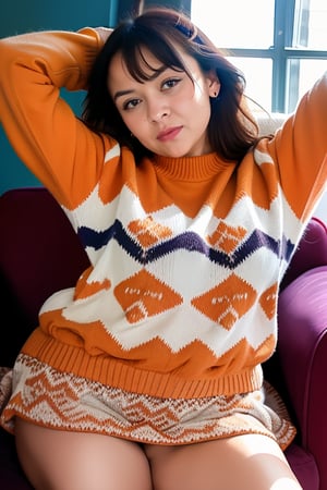 velmadinkley, cartoon, orange sweater, red skirt, chubby, sexy, (intricate details), perfect eyes, perfect face, perfect lighting, beautiful, (masterpiece:1.2), (best quality:1.2)