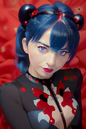 (8k, RAW photo, best quality, masterpiece:1.2), (intricate details), perfect eyes, perfect face, perfect lighting, beautiful, (masterpiece:1.2), (best quality:1.2), 1girl, solo, marinette, ladybug, blue hair, ponytails hair, red and black mask, lady bug complete suit, ladybug complete outfit, , (full body portrait)