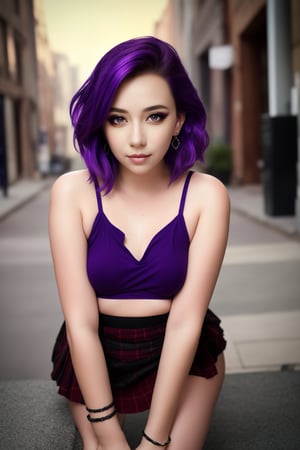 pretty young woman leaning over looking at camera, perfect symmetric
gray eyes, short purple hair, blushing, thick makeup, earrings, jewelry,
bracelet, purple hair, Scottish mini skirt, ultra high quality model, 
sharp focus, depth of field, unreal engine, masterpiece,
4k, detailed, street background