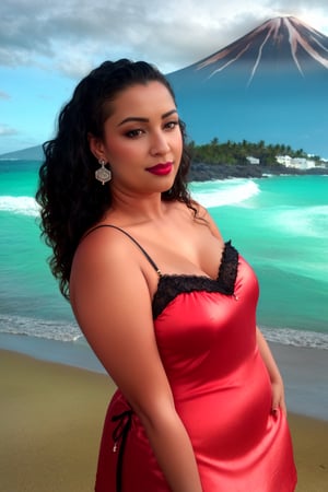 Jewelry, shiny, Lalique, Black Satin and Lace Cami and Short Set, Fit, Diamond-Shaped Face, Ebony Skin, Curved Nose, Bow-shaped Lips, Round Chin, Coral glossy lipstick, earrings, Wavy Hair Shoulder-Length Hair Curls, with a volcano in the background, serene beach with crashing waves, <