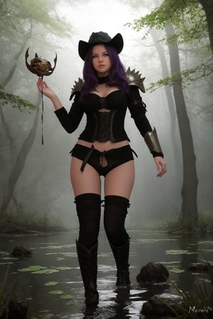 score_9, score_8_up, score_7_up, score_6_up, score_5_up, score_4_up,   evillyn in a swamp casting spells, masters_of_the_universe, purple eyes, hat, magic, armor, art by devil_hs, art by melkor mancin