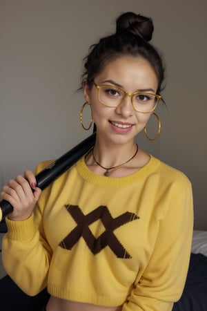 score_9, score_8_up, score_7_up, score_6_up, score_5_up, score_4_up,
1girl, portrait, cigarette, criss-cross halter, yellow sweater, bedroom, red-framed eyewear, holding baseball bat, baseball bat, hoop earrings, nail polish, smile, hair bun, 
 , se1k0ae,preti