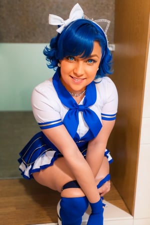 masterpiece, best quality,
1girl, chibi, sailor mercury, blue hair, short hair, blue eyes, tiara, bow, choker, sailor collar, skirt, circlet, earrings, elbow gloves,  knee boots, magical girl, pleated skirt, sailor collar, sailor senshi uniform, 
smile, upper body, solo, looking at viewer, simple background, solid grey background     upskirt , pantyline 