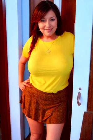 (highres, best quality:1.2), intricate details, vibrant image, sharpness, colorful, ambient soft lighting, DeliaKetchum, mature female, shirt, yellow shirt, skirt, pov, look at viewer, open front door, blush, heavy breathing, smile, sweat, giving her money  