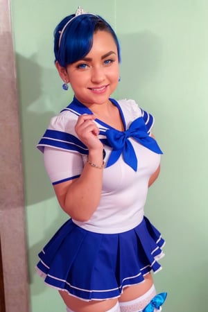 masterpiece, best quality,
1girl, chibi, sailor mercury, blue hair, short hair, blue eyes, tiara, bow, choker, sailor collar, skirt, circlet, earrings, elbow gloves,  knee boots, magical girl, pleated skirt, sailor collar, sailor senshi uniform, 
smile, upper body, solo, looking at viewer, simple background, solid grey background     