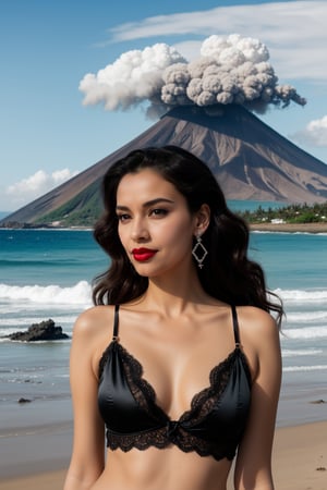 Jewelry, shiny, Lalique, Black Satin and Lace Cami and Short Set, Fit, Diamond-Shaped Face, Ebony Skin, Curved Nose, Bow-shaped Lips, Round Chin, Coral glossy lipstick, earrings, Wavy Hair Shoulder-Length Hair Curls, with a volcano in the background, serene beach with crashing waves, <