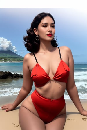 Jewelry, shiny, Lalique, Black Satin and Lace Cami and Short Set, Fit, Diamond-Shaped Face, Ebony Skin, Curved Nose, Bow-shaped Lips, Round Chin, Coral glossy lipstick, earrings, Wavy Hair Shoulder-Length Hair Curls, with a volcano in the background, serene beach with crashing waves, <