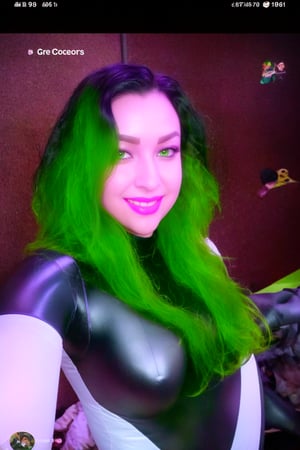 score_9, score_8_up, score_7_up, score_6_up, score_5_up, score_4_up > shego, black gloves, black hair, bodysuit, smile, green bodysuit, green eyes, green theme, long hair,  portrait, solo,  