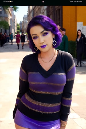 pretty young woman leaning over looking at camera, perfect symmetric
gray eyes, short purple hair, blushing, thick makeup, earrings, jewelry,
bracelet, purple hair, Scottish mini skirt, ultra high quality model, 
sharp focus, depth of field, unreal engine, masterpiece,
4k, detailed, street background