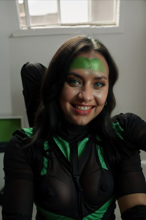 score_9, score_8_up, score_7_up, score_6_up, score_5_up, score_4_up > shego, black gloves, black hair, bodysuit, smile, green bodysuit, green eyes, green theme, long hair,  portrait, solo,  