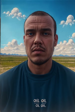 (((Oil Painting))), middle aged Bald Male Barbarian character, Blue eyes, blue tattoos, humanoid Barbarian character, shaved head, wanderer, stands in the badlands, sun is high in the sky shining from the north east, sky is clear with some clouds, visible face, Visible eyes
