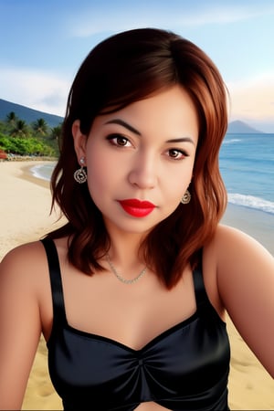 Jewelry, shiny, Lalique, Black Satin and Lace Cami and Short Set, Fit, Diamond-Shaped Face, Ebony Skin, Curved Nose, Bow-shaped Lips, Round Chin, Coral glossy lipstick, earrings, Wavy Hair Shoulder-Length Hair Curls, with a volcano in the background, serene beach with crashing waves, <