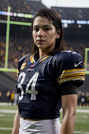 1 woman Usando  jersey  de los (((pitsburg steelers))) nfl,REALISTIC portrait american football ,portrait nsfw,REALISTIC