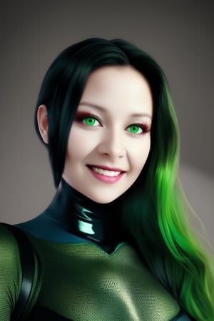 score_9, score_8_up, score_7_up, score_6_up, score_5_up, score_4_up > shego, black gloves, black hair, bodysuit, smile, green bodysuit, green eyes, green theme, long hair,  portrait, solo,  