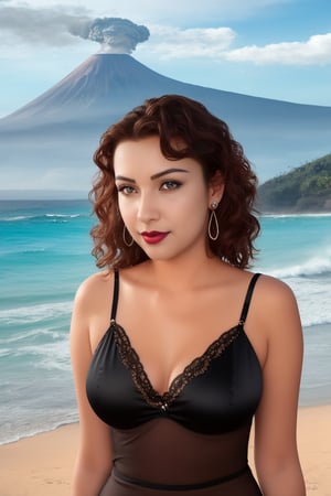 Jewelry, shiny, Lalique, Black Satin and Lace Cami and Short Set, Fit, Diamond-Shaped Face, Ebony Skin, Curved Nose, Bow-shaped Lips, Round Chin, Coral glossy lipstick, earrings, Wavy Hair Shoulder-Length Hair Curls, with a volcano in the background, serene beach with crashing waves, <