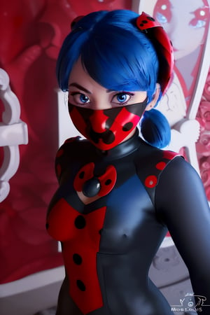 (8k, RAW photo, best quality, masterpiece:1.2), (intricate details), perfect eyes, perfect face, perfect lighting, beautiful, (masterpiece:1.2), (best quality:1.2), 1girl, solo, marinette, ladybug, blue hair, ponytails hair, red and black mask, lady bug complete suit, ladybug complete outfit, , (full body portrait)