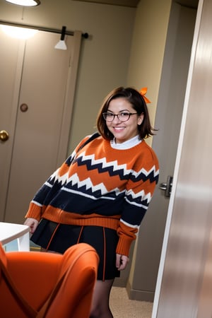 score_9, score_8_up, score_7_up,  VelmaxlD, brown hair, short hair,  hair ribbon, glasses,  black eyes, orange sweater, skirt,     light smile,   
indoors,  night,  looking at viewer,    waving,      from below,  standing,