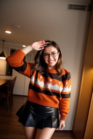 score_9, score_8_up, score_7_up,  VelmaxlD, brown hair, short hair,  hair ribbon, glasses,  black eyes, orange sweater, skirt,     light smile,   
indoors,  night,  looking at viewer,    waving,      from below,  standing,