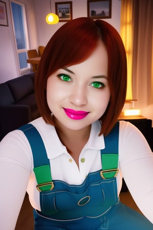 1girl, MJW, solo,medium hair,green eyes,red hair, vibrant, highly detailed, overalls, white shirt, indoors, smile,shiny skin,apartment at night